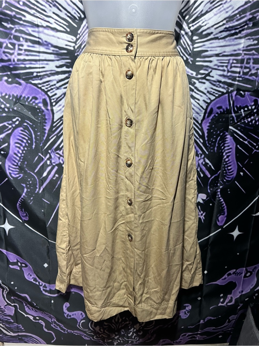 LOFT Tan Button-Front Midi Skirt